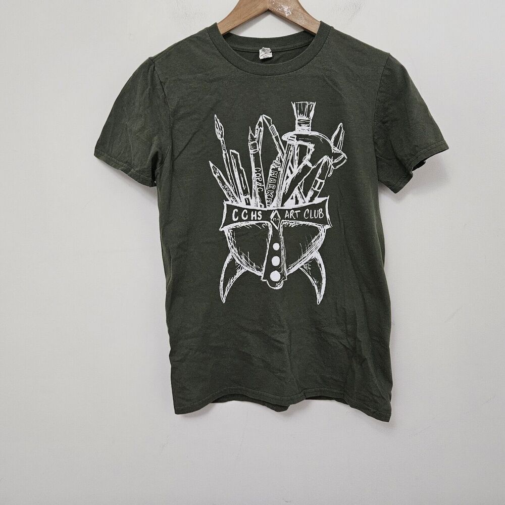 ANVIL Women's Green Crew Neck Ring Spun Cap Sleeve Graphic Print T Shirt Size S